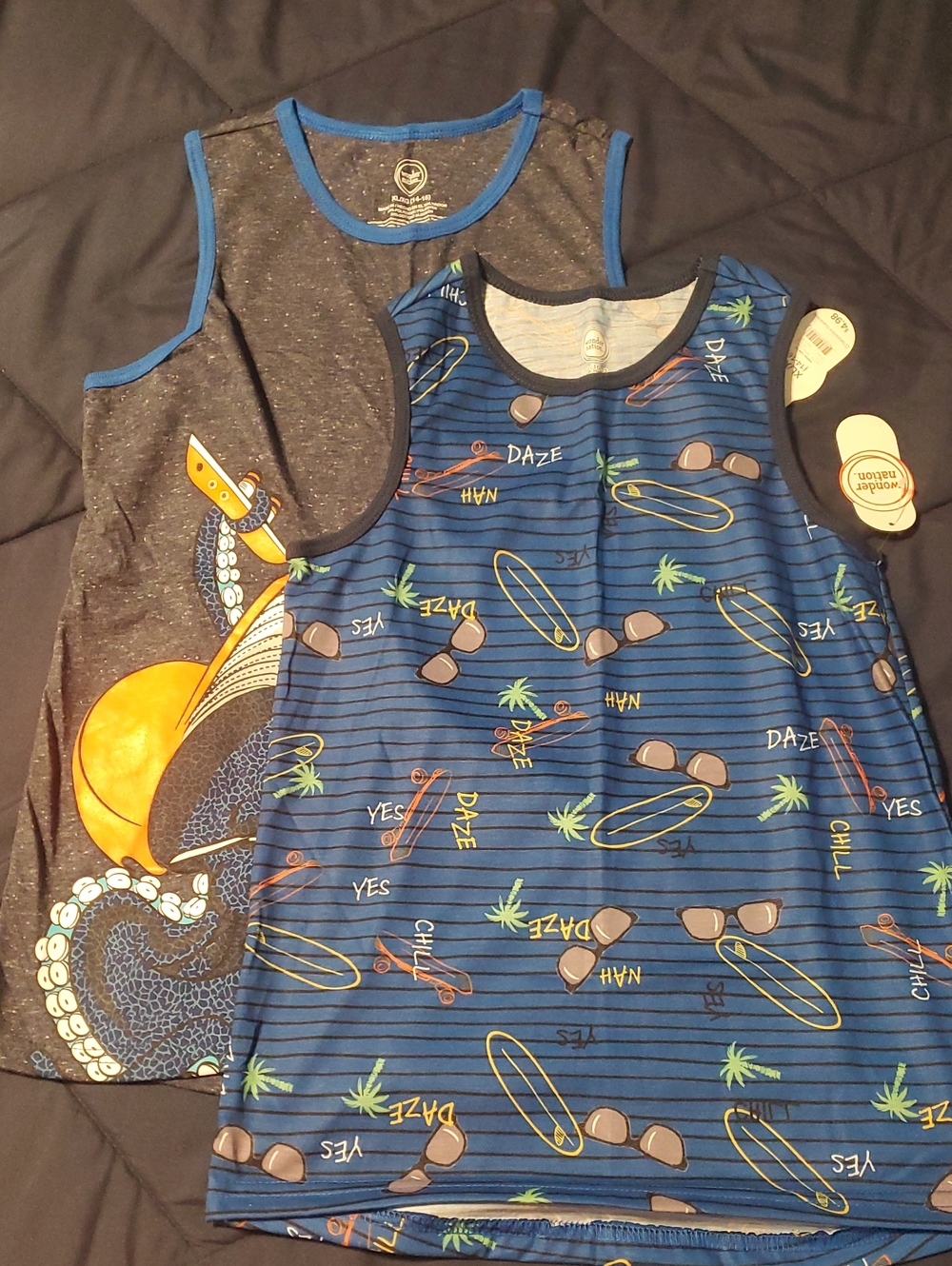 wonder nation Blue Striped Graphic Tank Tops with Surf & Sunglasses Prints